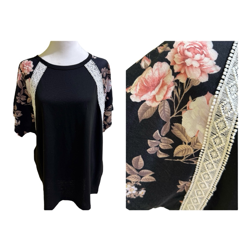 Elegant Black Floral Short Sleeve Top